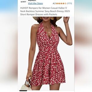 Women's Red Floral Halter Romper Shorts.